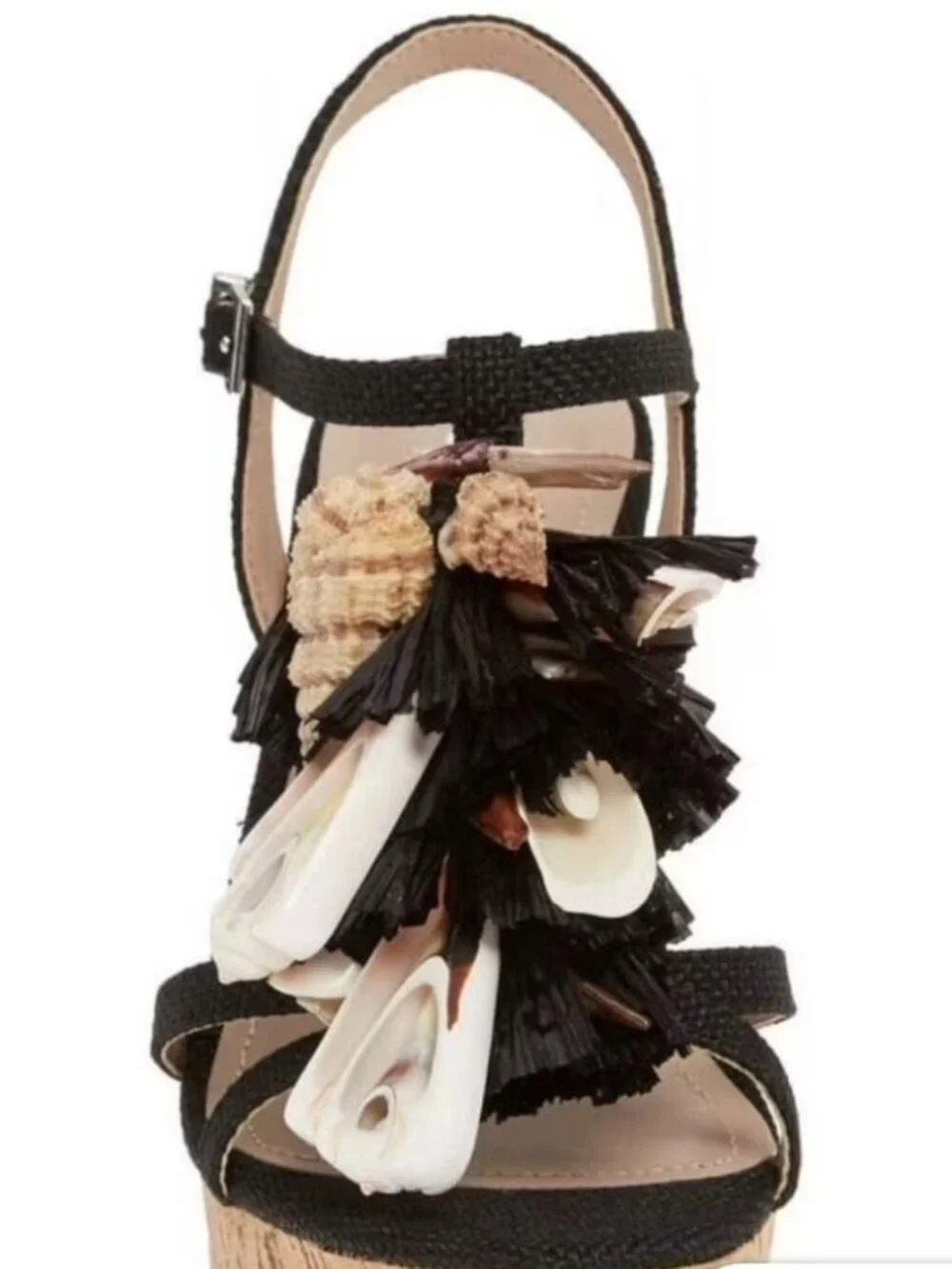 NWT (Other) Charles by Charles David Black Cork Wedge Shell Tassel Sandal. Sz 10